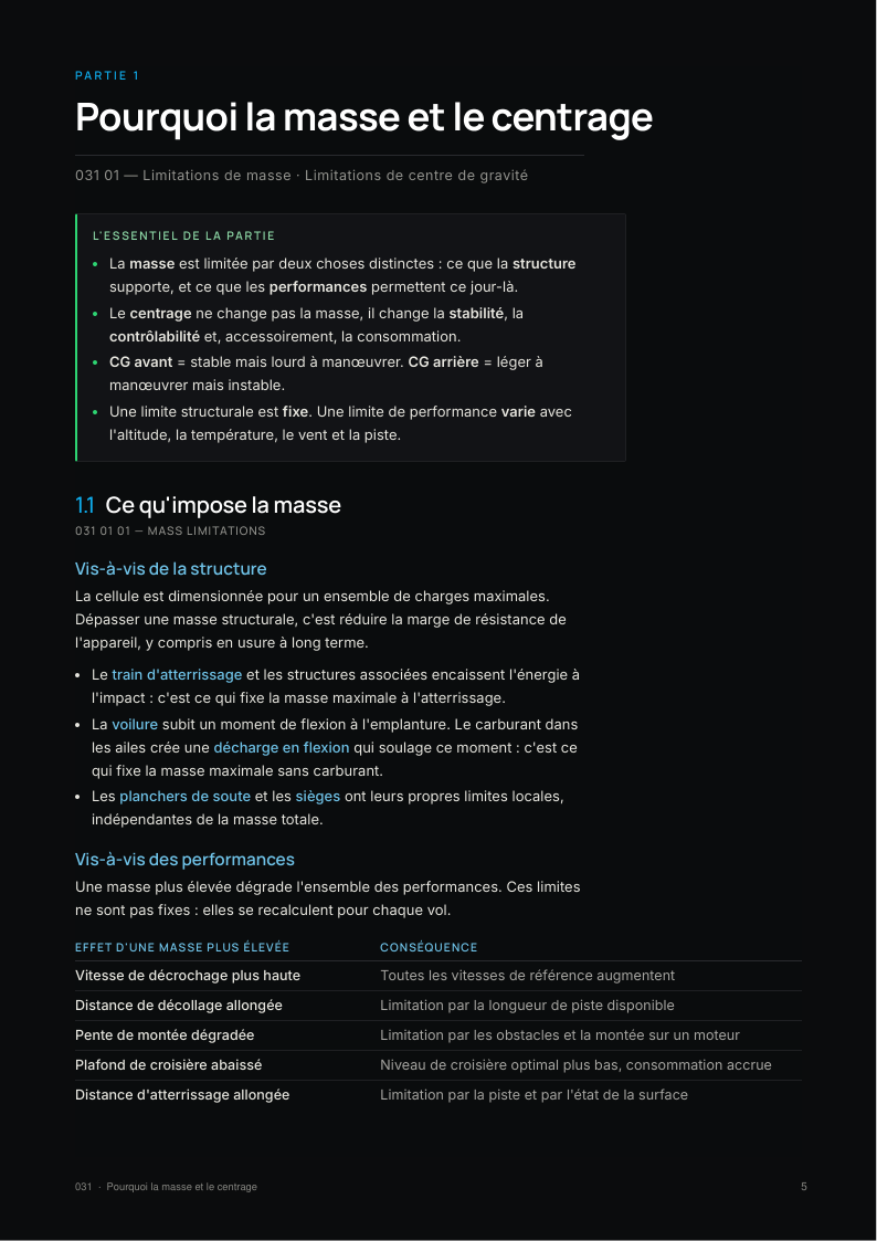 Une page des fiches Masse et centrage